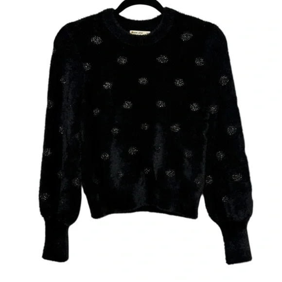 Marine Layer Sweater Size XS Black Fuzzy Eyelash Polka Dot Crewneck - Picture 10 of 10